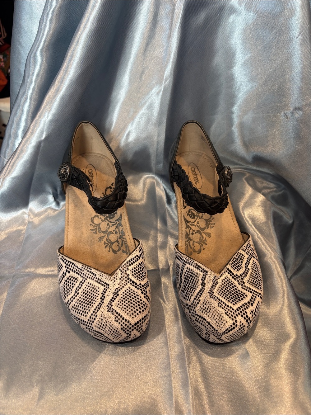 Aetrex Black Braided Ankle-Strap Pumps with White Snake-Print